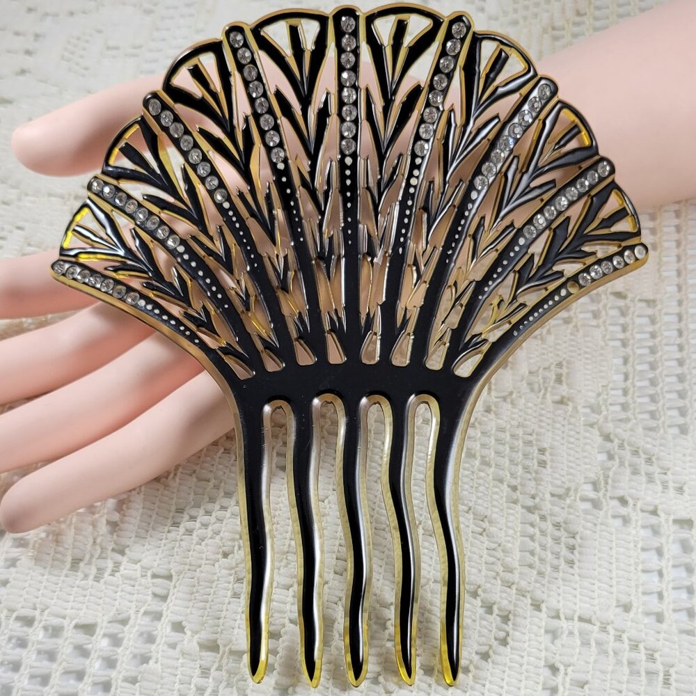Vintage Tortoise Celluloid & Clear Rhinestone Art Deco Decorative Hair Comb